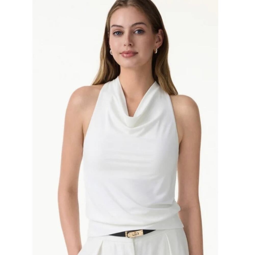 OGL Women Small White Stretch Linen Blend Cowl Neck Tank Top Brand New
